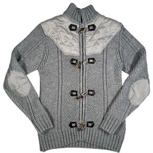 LaVané Mens M Chunky Knit Toggle Cardigan Sweater Gray Wool Blend Elbow Patch
